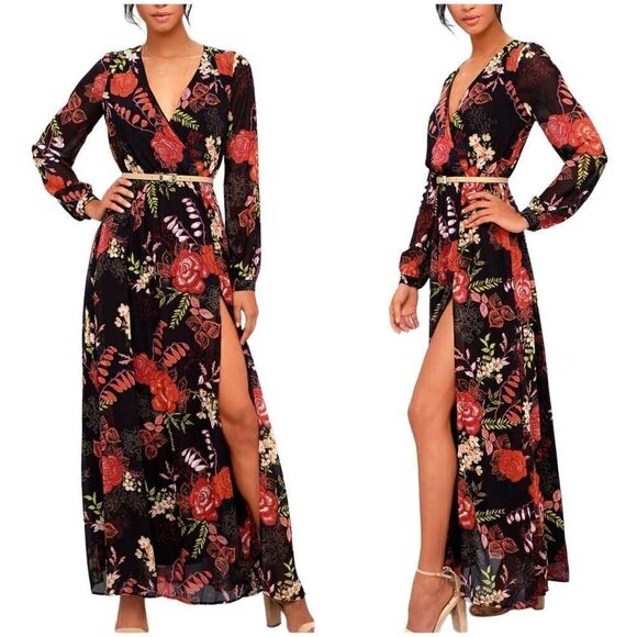 Lulus Wondrous Water Lilies Orange Black Floral Print Maxi Dress Size Medium - Picture 1 of 12